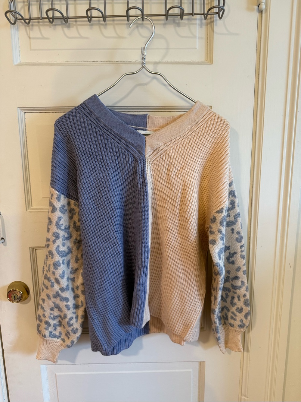 Colorblock V-Neck Sweater with Leopard Sleeve Detail in Blue and Cream
